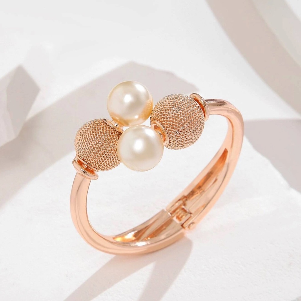 Faux Pearl Rosegold Tone Cuff Bracelet Zinc Alloy Fashion Jewelry - Picture 2 of 6